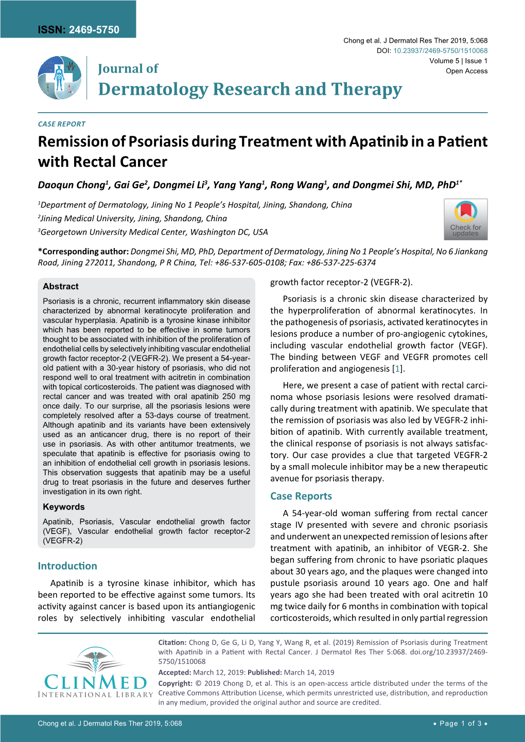 Remission of Psoriasis During Treatment with Apatinib in a Patient