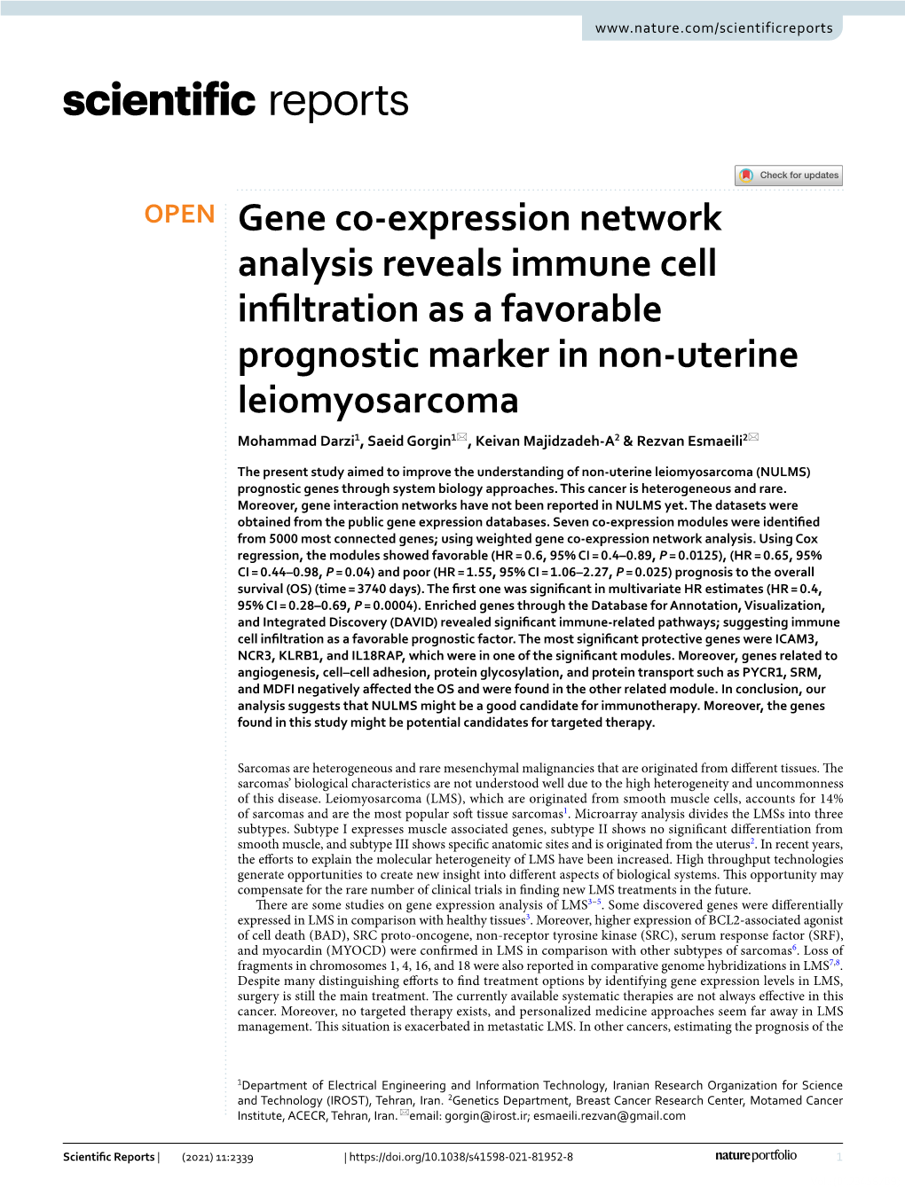 Gene Co-Expression Network Analysis Reveals Immune Cell Infiltration As a Favorable Prognostic Marker in Non-Uterine Leiomyosarc