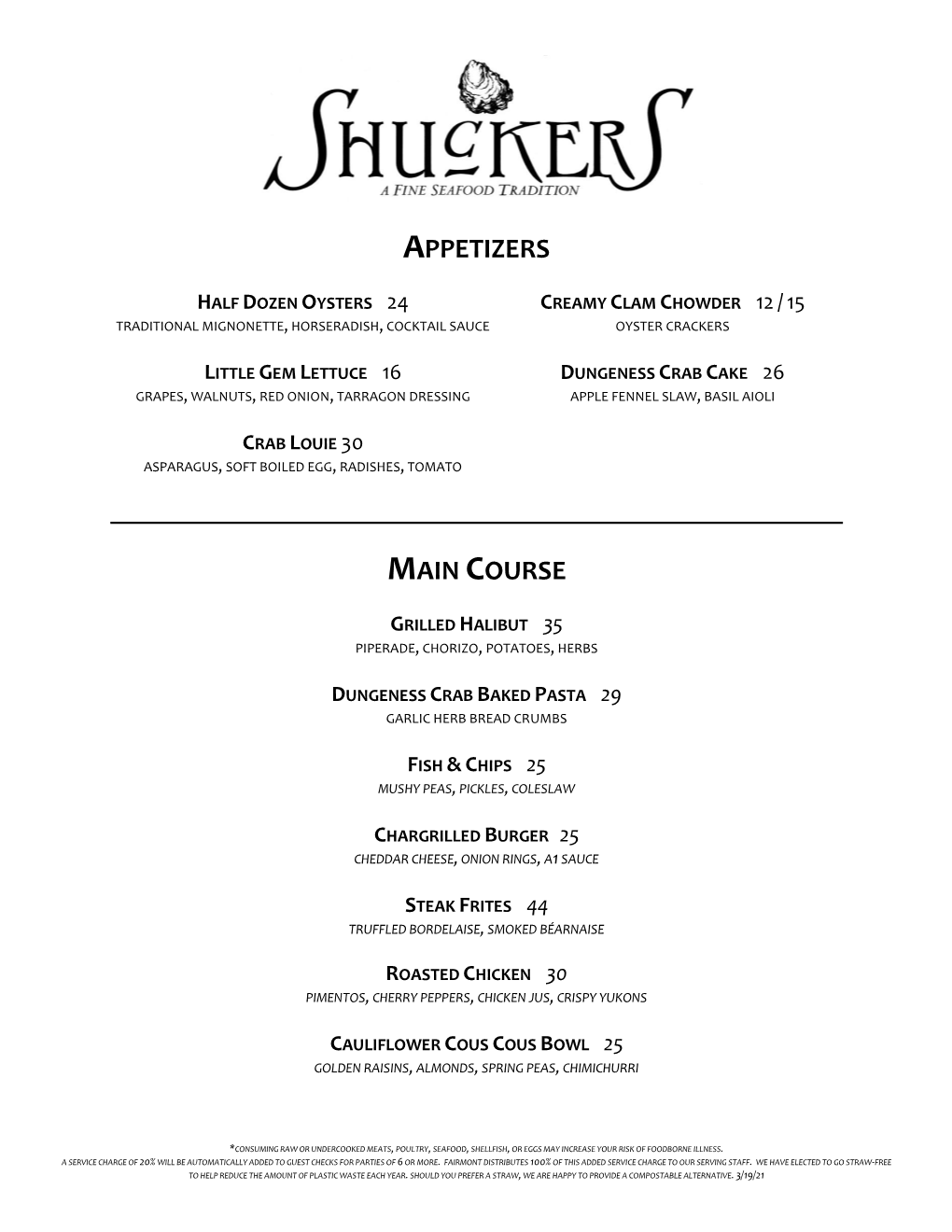 Shuckers Dinner Menu