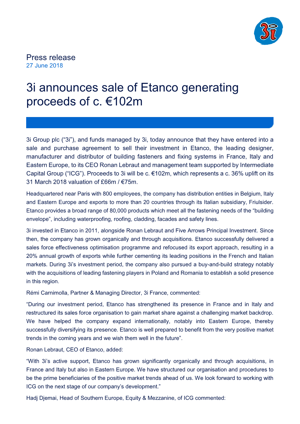 3I Announces Sale of Etanco Generating Proceeds of C. €102M