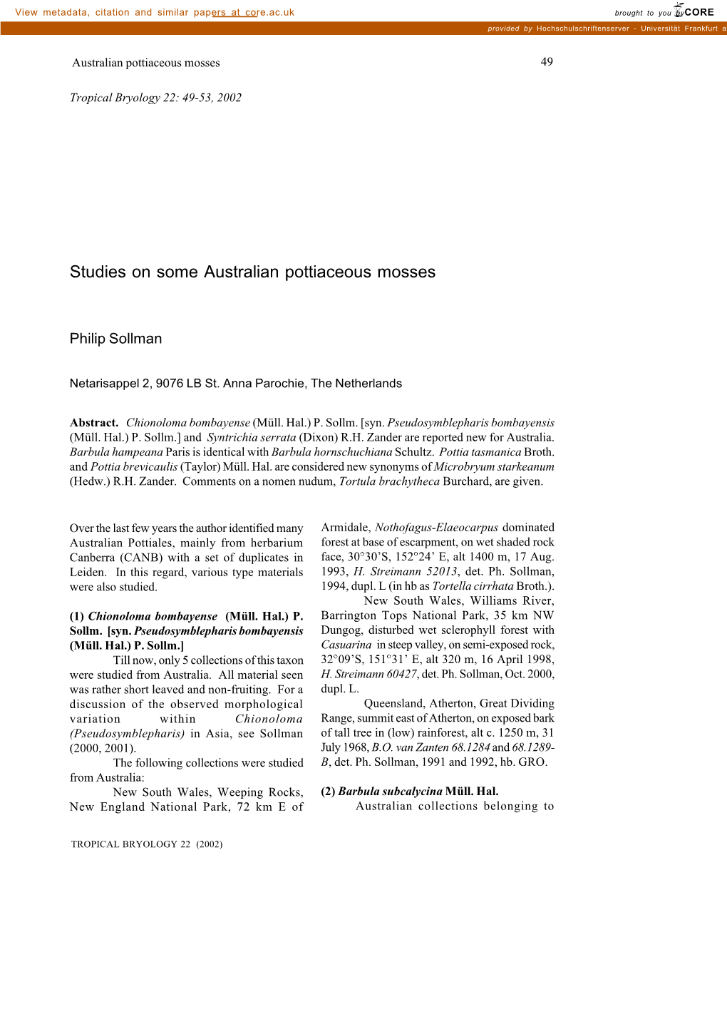 Studies on Some Australian Pottiaceous Mosses