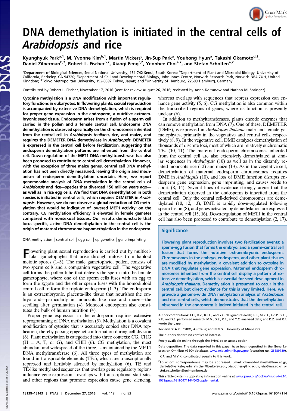 DNA Demethylation Is Initiated in the Central Cells of Arabidopsis and Rice