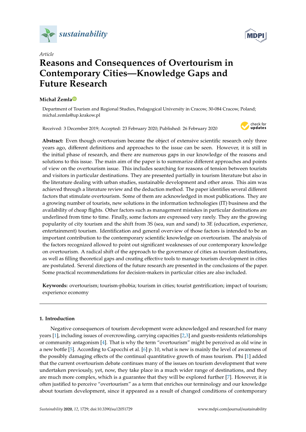 Reasons and Consequences of Overtourism in Contemporary Cities—Knowledge Gaps and Future Research