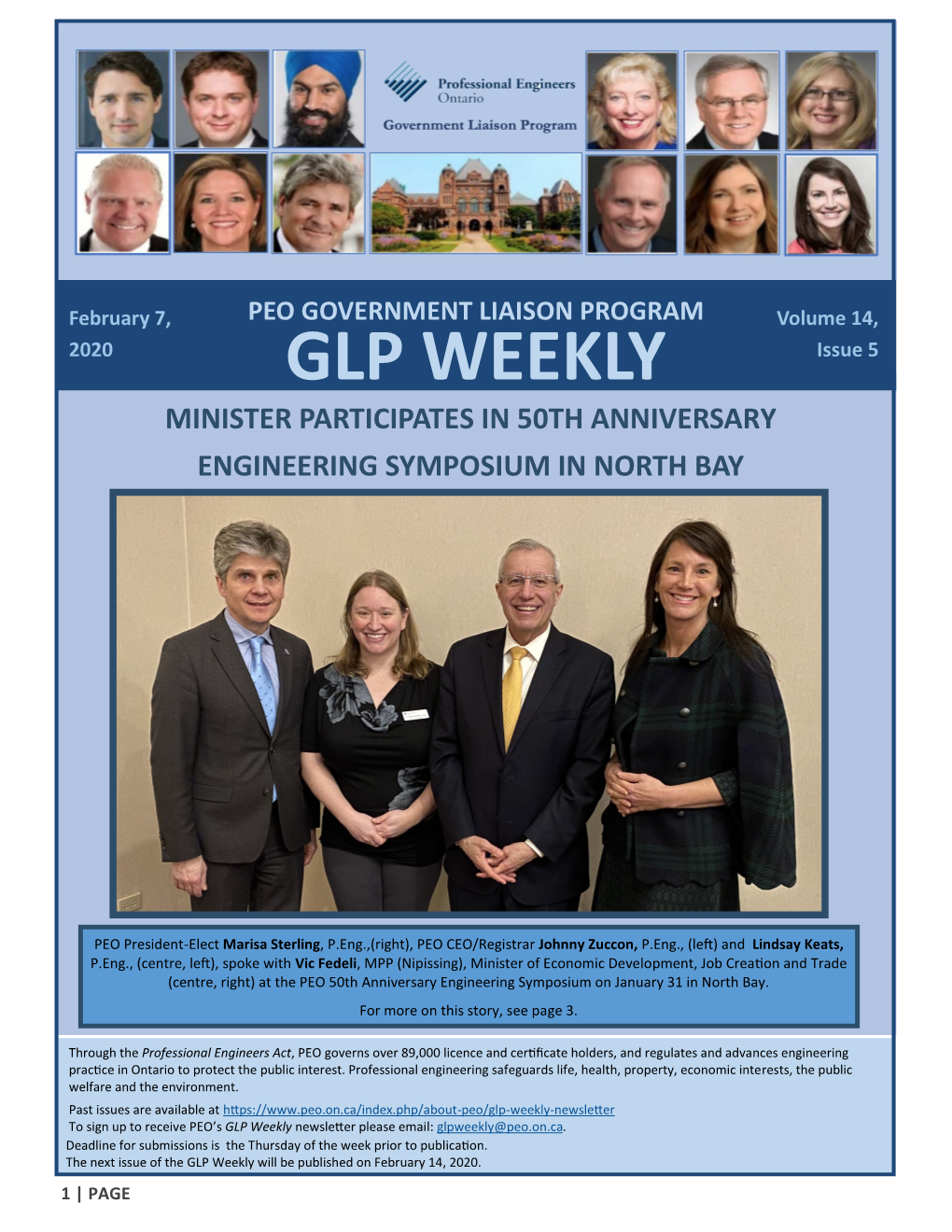 PEO GOVERNMENT LIAISON PROGRAM Volume 14, 2020 GLP WEEKLY Issue 5 MINISTER PARTICIPATES in 50TH ANNIVERSARY ENGINEERING SYMPOSIUM in NORTH BAY
