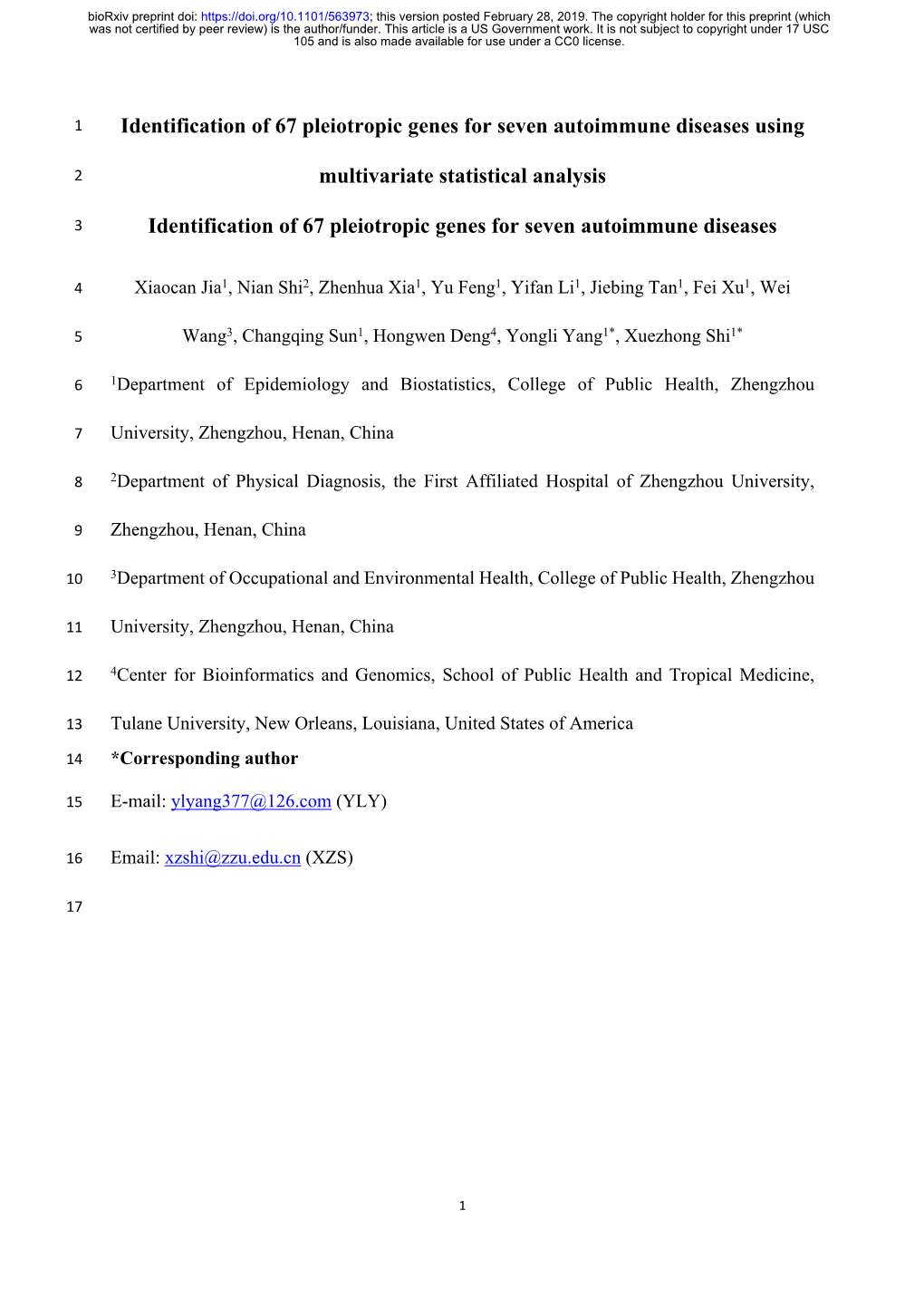 Identification of 67 Pleiotropic Genes for Seven Autoimmune Diseases Using