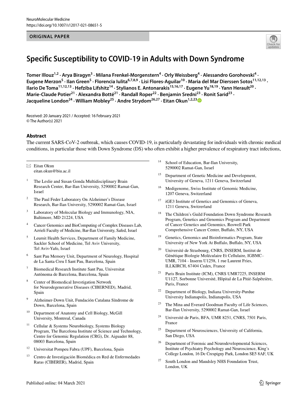 Specific Susceptibility to COVID-19 in Adults with Down Syndrome