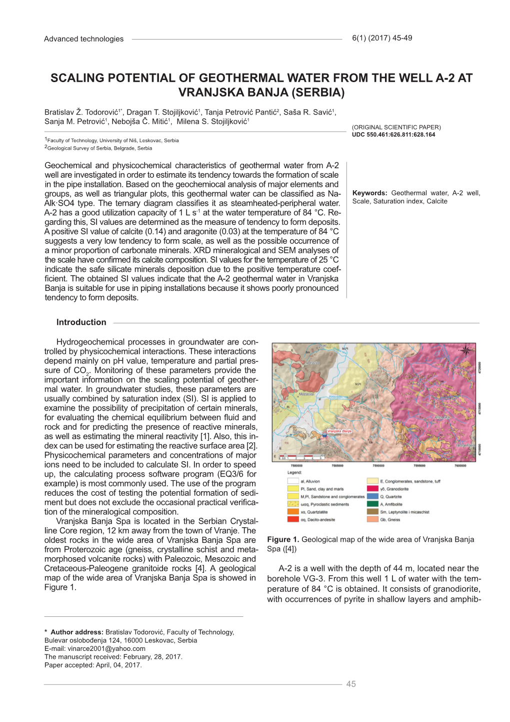 Scaling Potential of Geothermal Water from the Well A-2 at Vranjska Banja (Serbia)