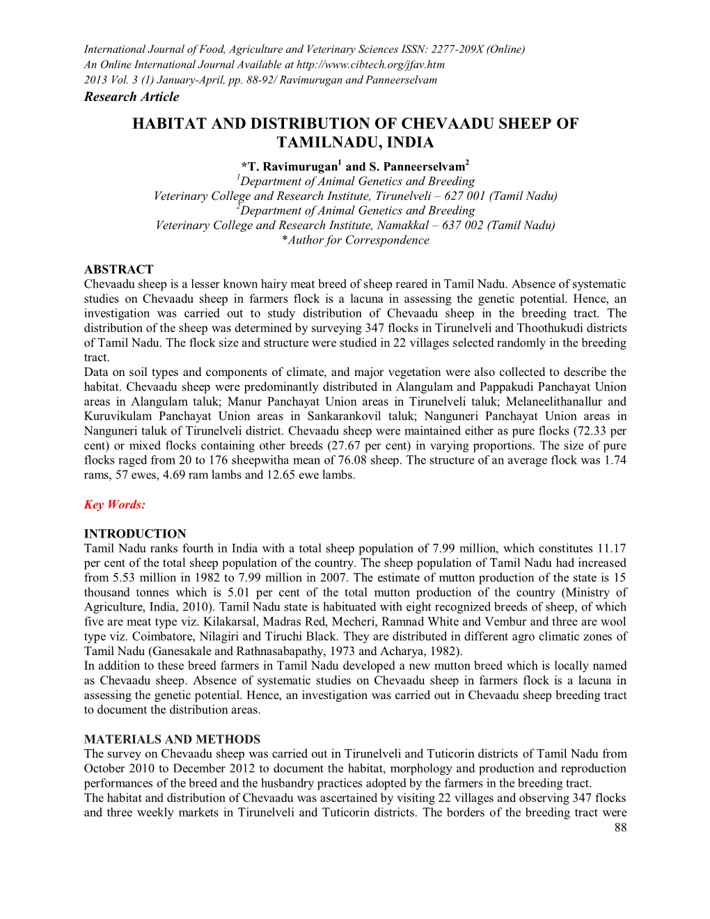 Habitat and Distribution of Chevaadu Sheep of Tamilnadu, India