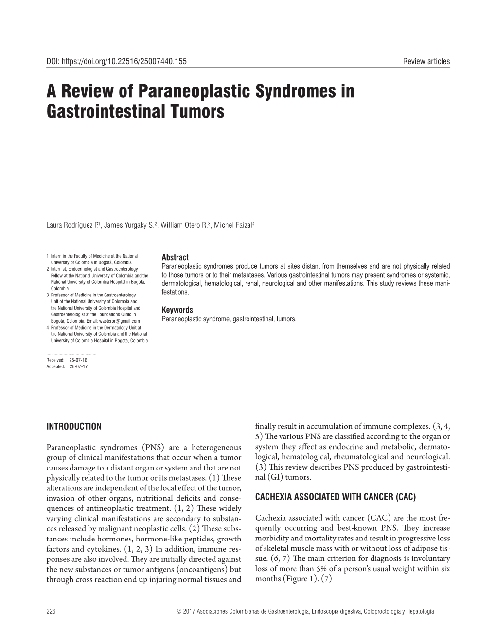 A Review of Paraneoplastic Syndromes in Gastrointestinal Tumors