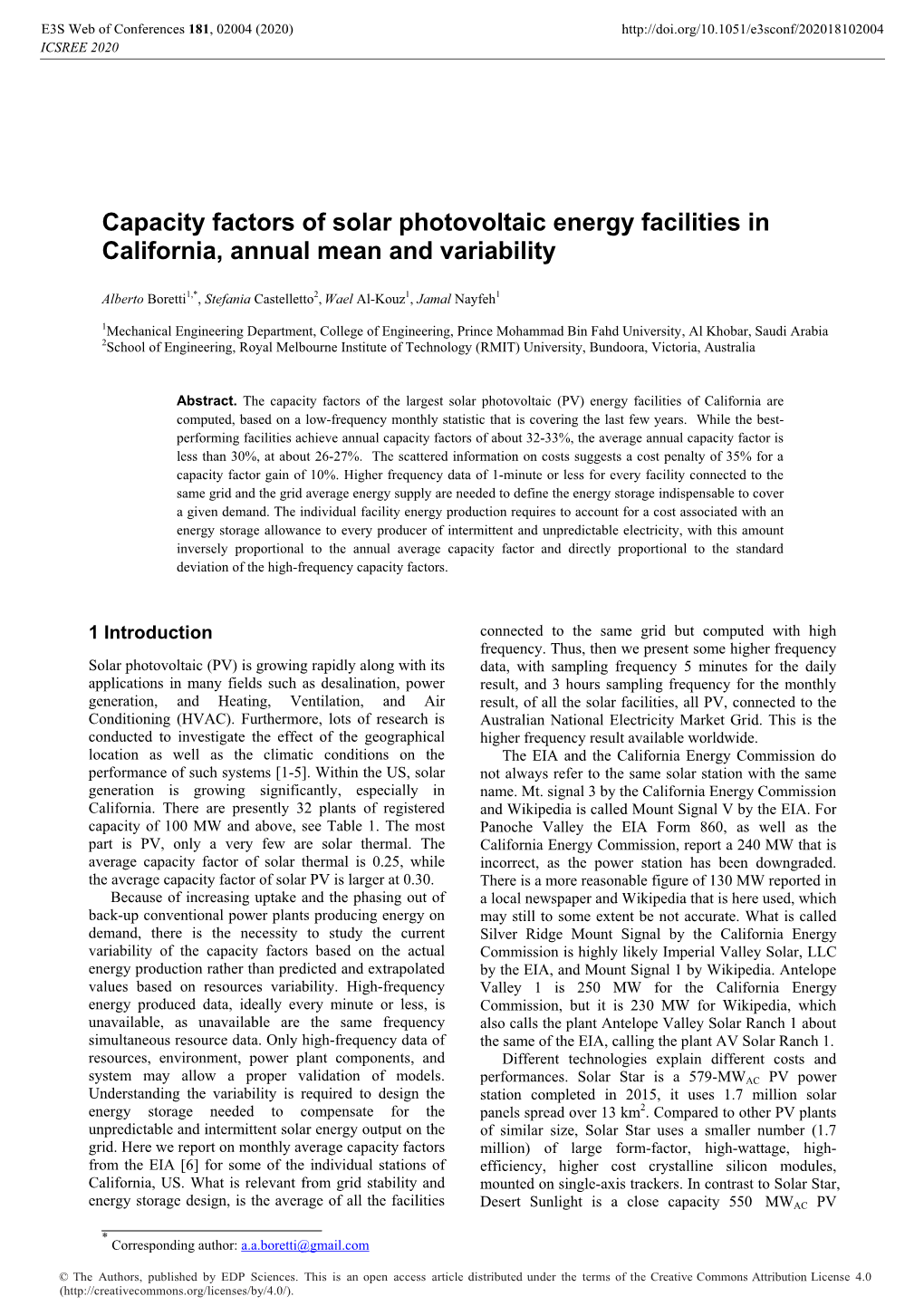 Capacity Factors of Solar Photovoltaic Energy Facilities in California, Annual Mean and Variability