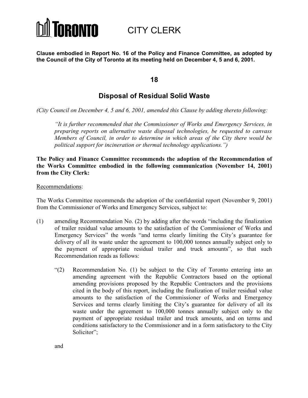 Disposal of Residual Solid Waste