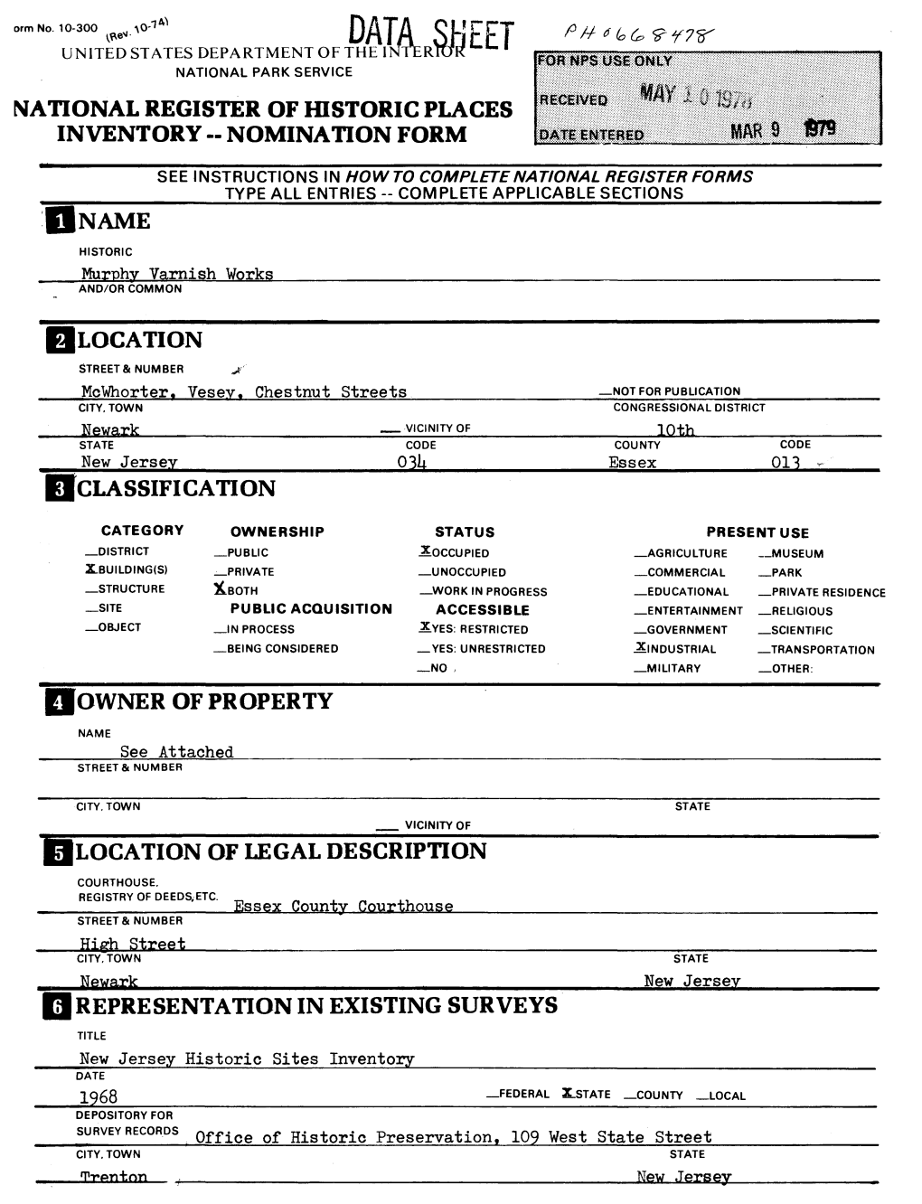 National Register of Historic Places Inventory -- Nomination Form Location Classification [Owner of Property Location of Legal D