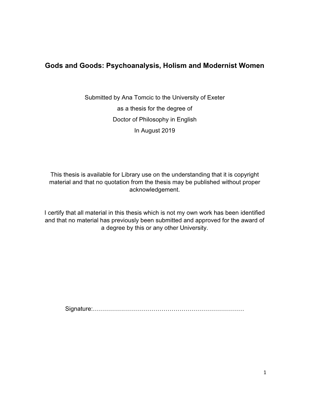 Gods and Goods: Psychoanalysis, Holism and Modernist Women