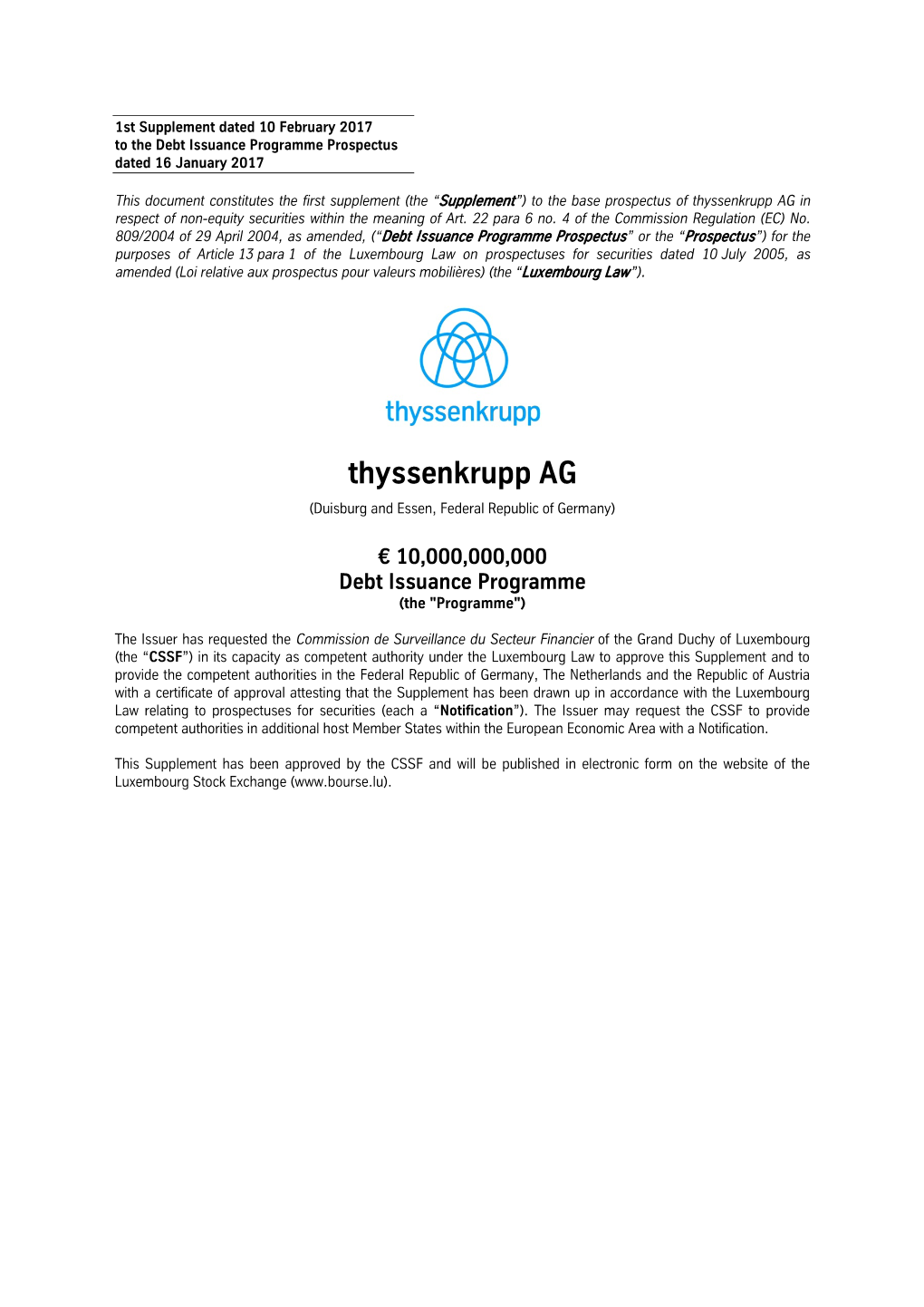 Thyssenkrupp AG in Respect of Non-Equity Securities Within the Meaning of Art