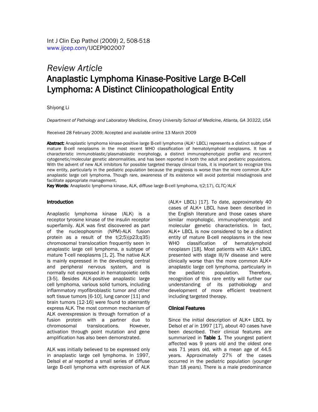 Review Article Anaplastic Lymphoma Kinase-Positive Large B-Cell Lymphoma: a Distinct Clinicopathological Entity