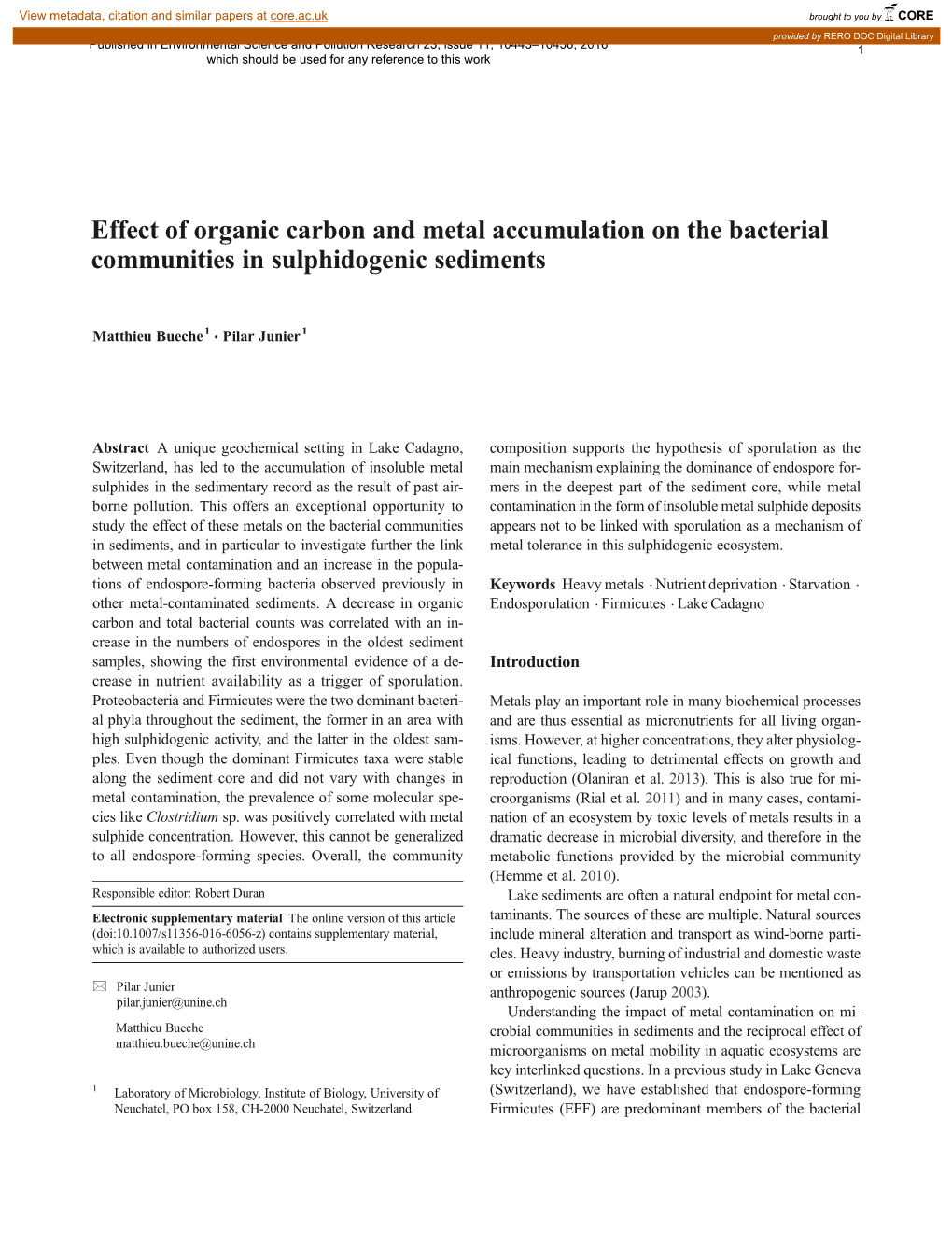 Effect of Organic Carbon and Metal Accumulation on the Bacterial Communities in Sulphidogenic Sediments