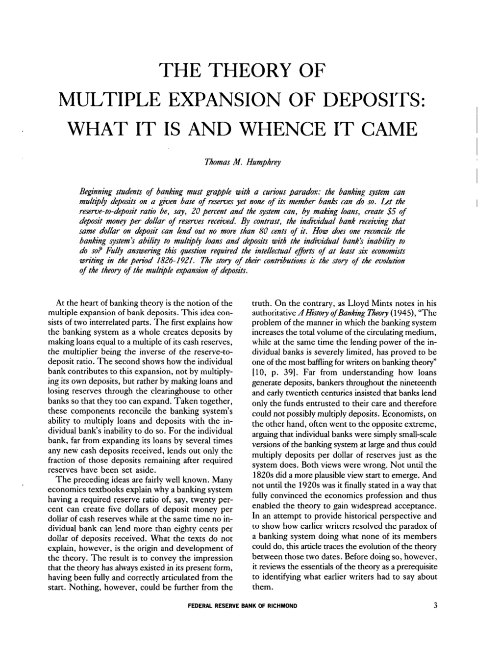 The Theory of Multiple Expansion of Deposits: What It Is and Whence It Came