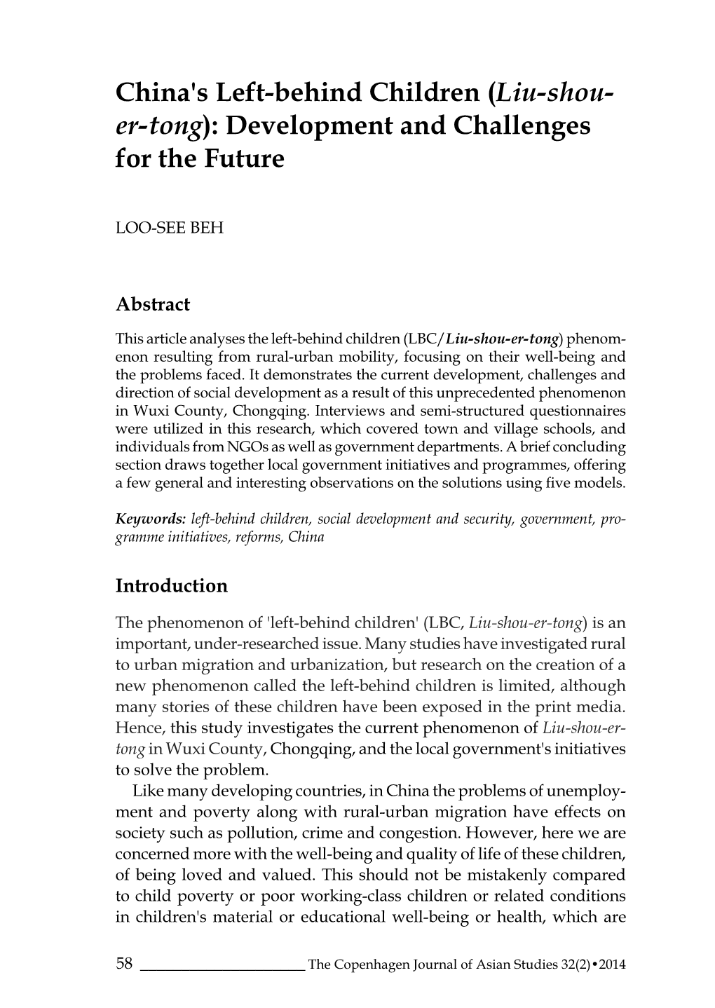 China's Left-Behind Children (Liu-Shou- Er-Tong): Development and Challenges for the Future