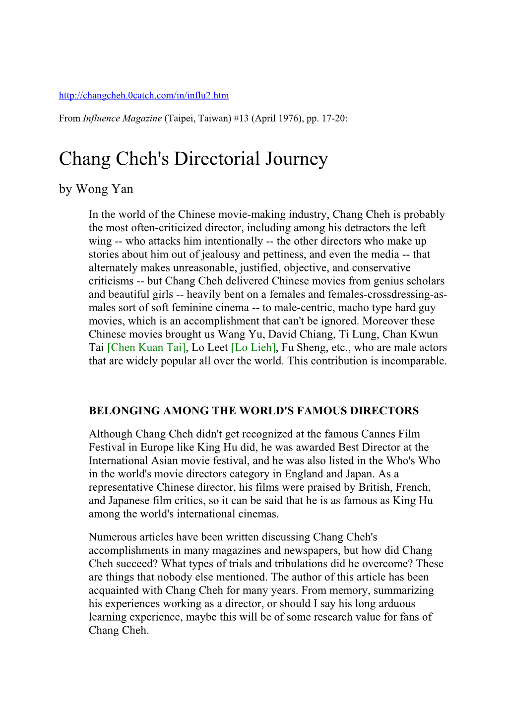 Chang Cheh's Directorial Journey by Wong Yan