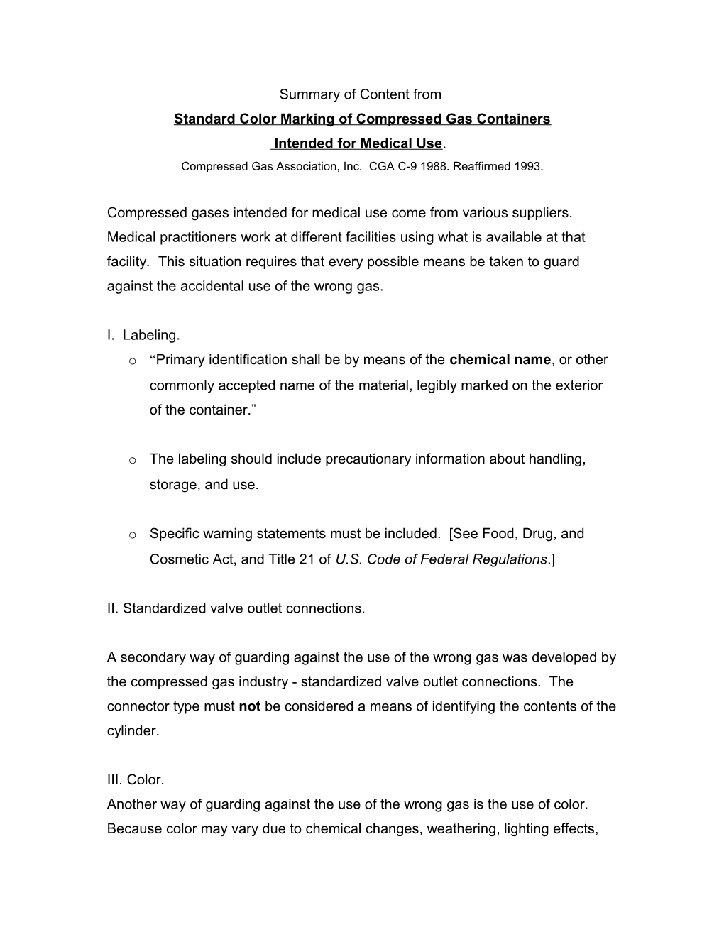 Summary of Content from Standard Color Marking of Compressed Gas Containers Intended For