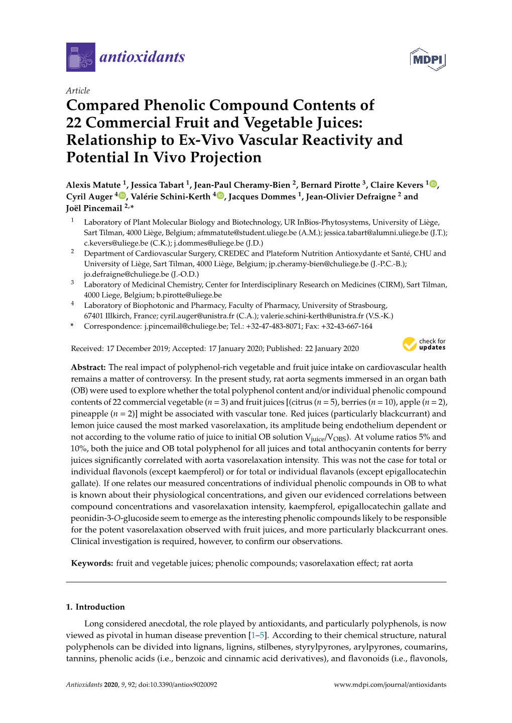 Compared Phenolic Compound Contents of 22 Commercial Fruit and Vegetable Juices: Relationship to Ex-Vivo Vascular Reactivity and Potential in Vivo Projection