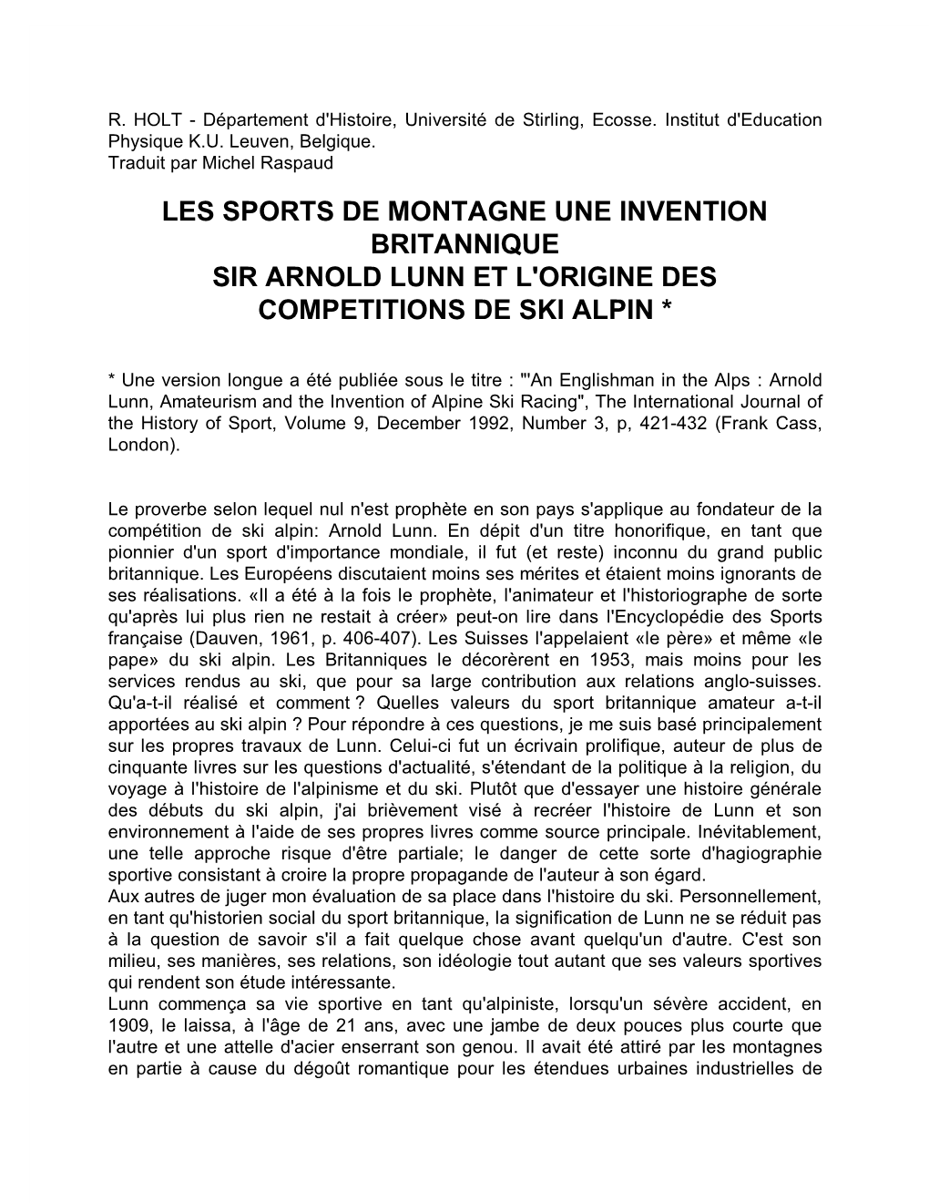 Les Sports De Montagne Une Invention Britannique Sir Arnold Lunn Et L'origine Des Competitions De Ski Alpin *