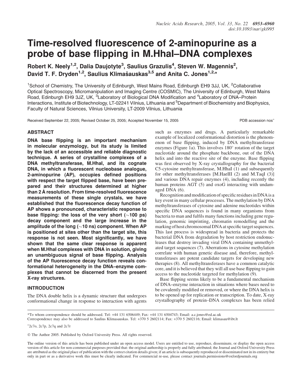 Time-Resolved Fluorescence of 2-Aminopurine As a Probe of Base Flipping in M.Hhai–DNA Complexes Robert K