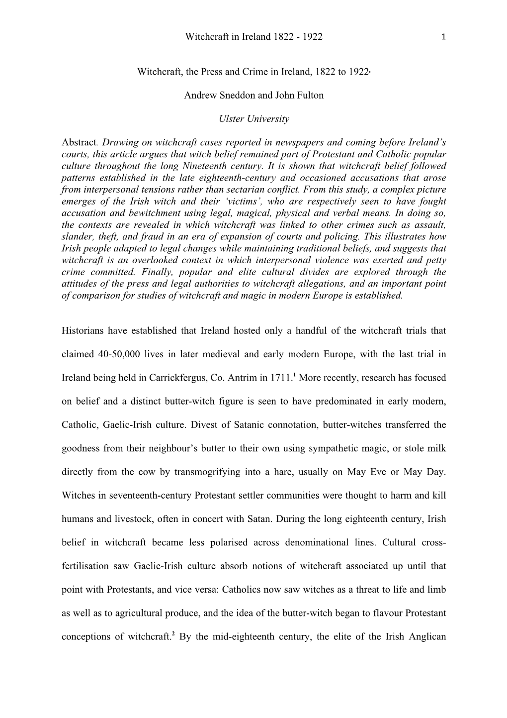 Witchcraft, the Press and Crime in Ireland, 1822 to 1922∗