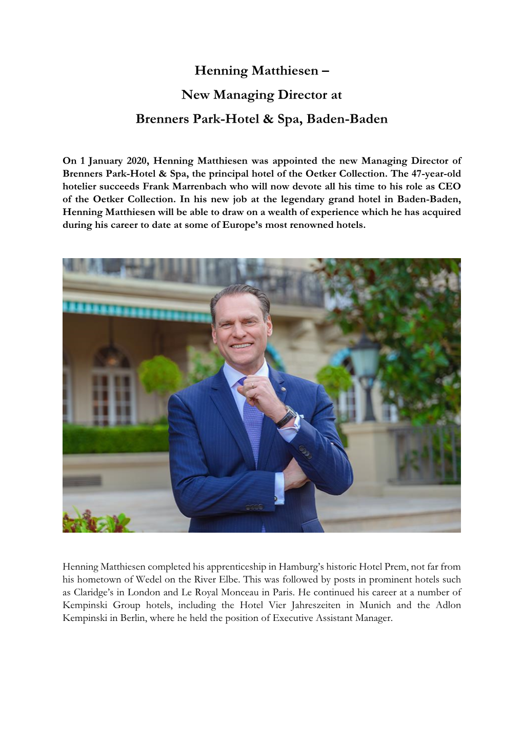 Henning Matthiesen – New Managing Director at Brenners Park-Hotel & Spa, Baden-Baden