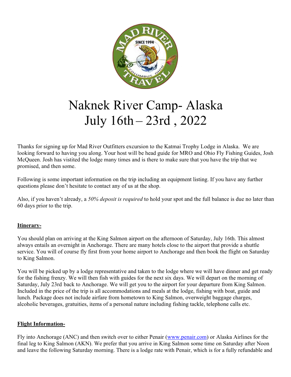 Naknek River Camp- Alaska July 16Th – 23Rd , 2022