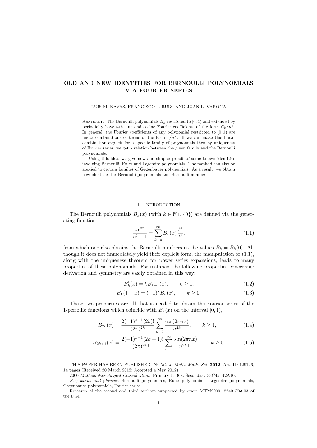 Old and New Identities for Bernoulli Polynomials Via Fourier Series