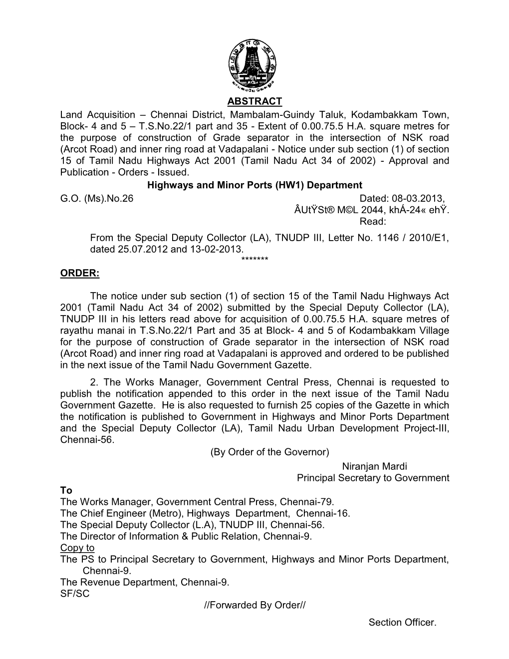 ABSTRACT Land Acquisition – Chennai District, Mambalam