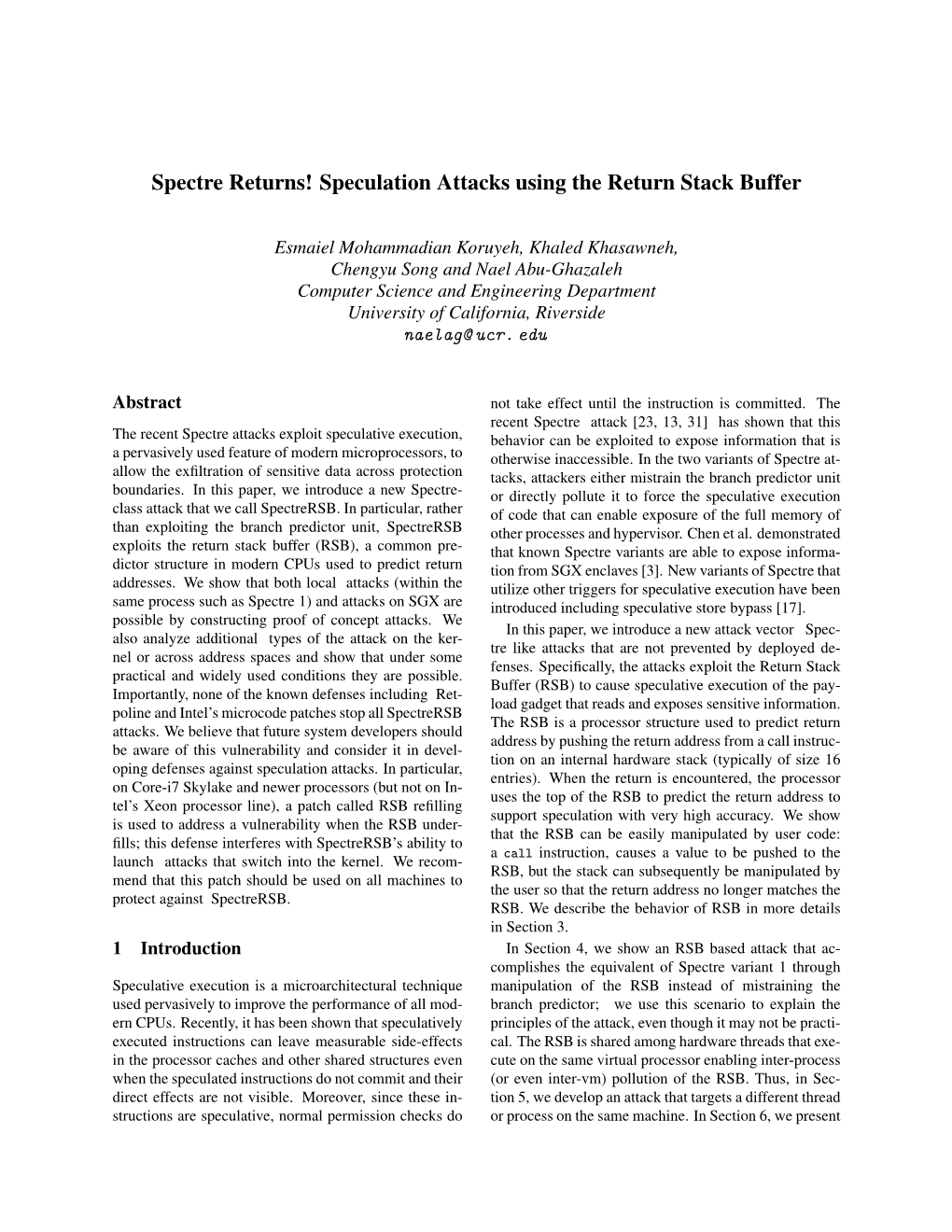 Spectre Returns! Speculation Attacks Using the Return Stack Buffer