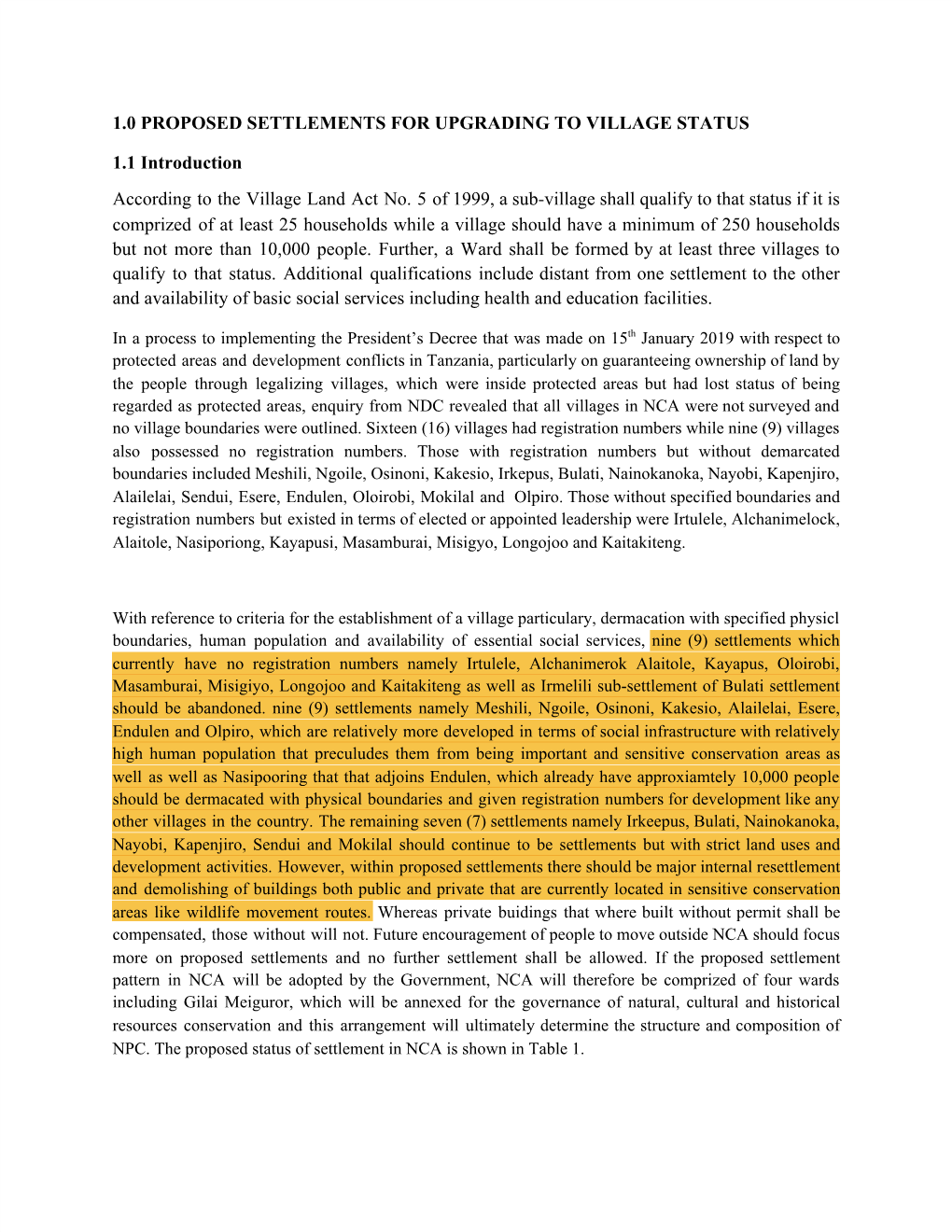 1.0 Proposed Settlements for Upgrading to Village Status