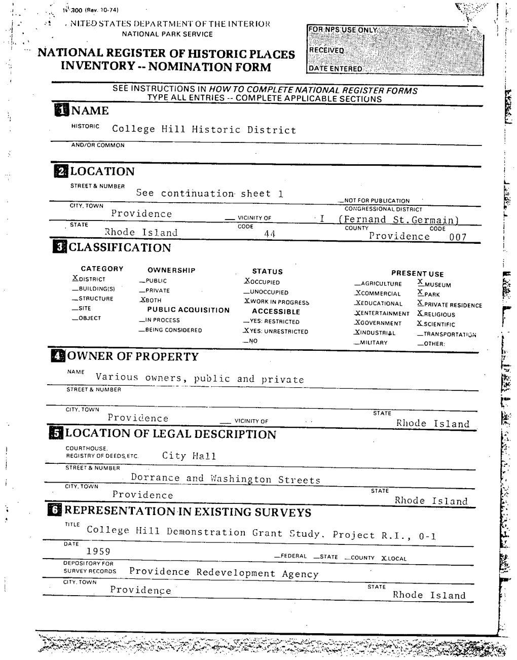 NATIONALREGISTER of HISTORIC PLACES INVENTORY-- NOMINATION FORM OLOCATION Ficlassification Flowner of PROPERTY Fllocation OF