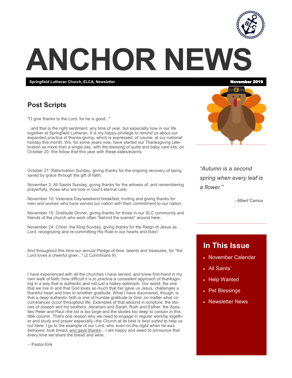 ANCHOR NEWS Springfield Lutheran Church, ELCA, Newsletter November 2019