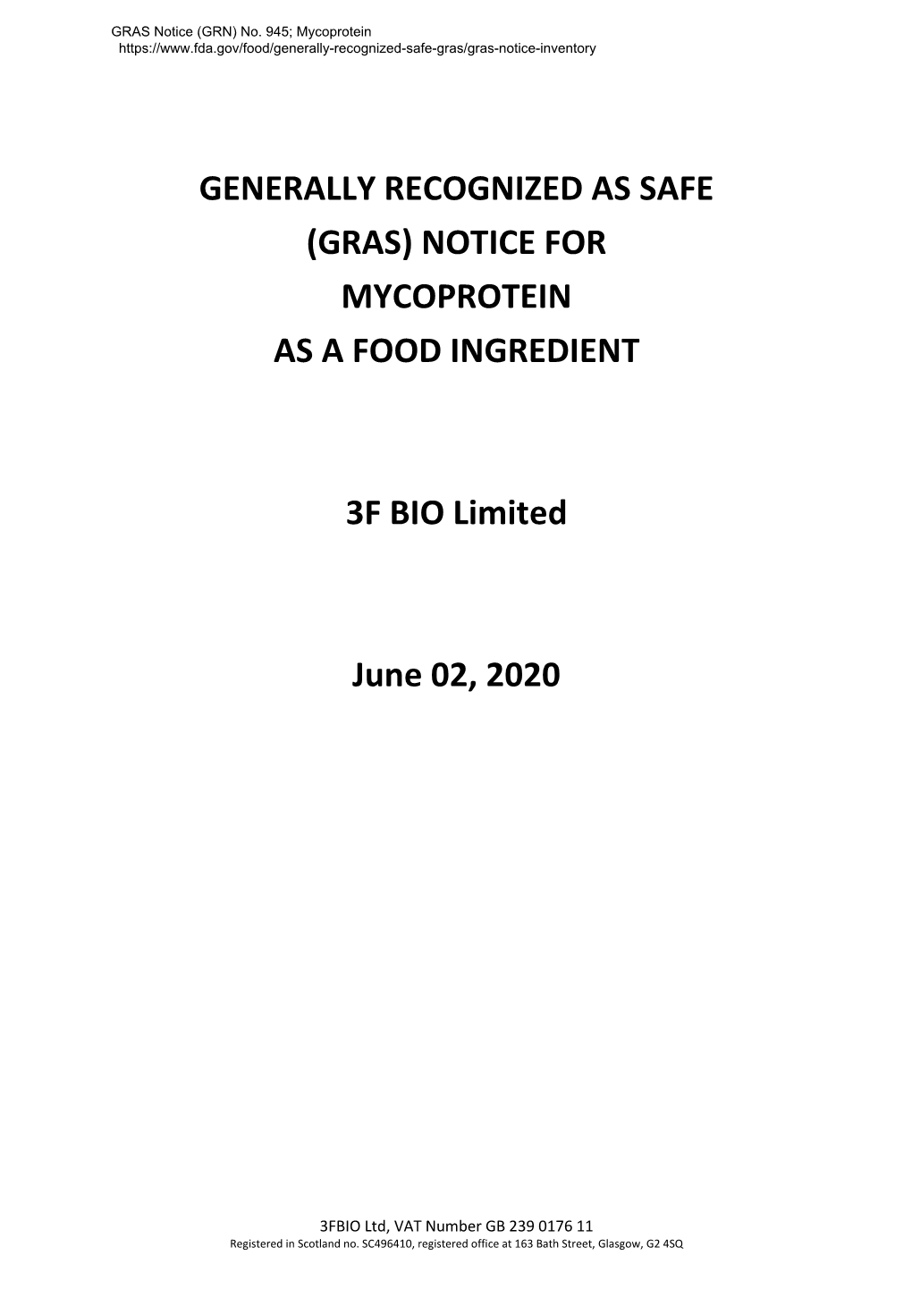 GRAS Notice GRN 945, Mycoprotein