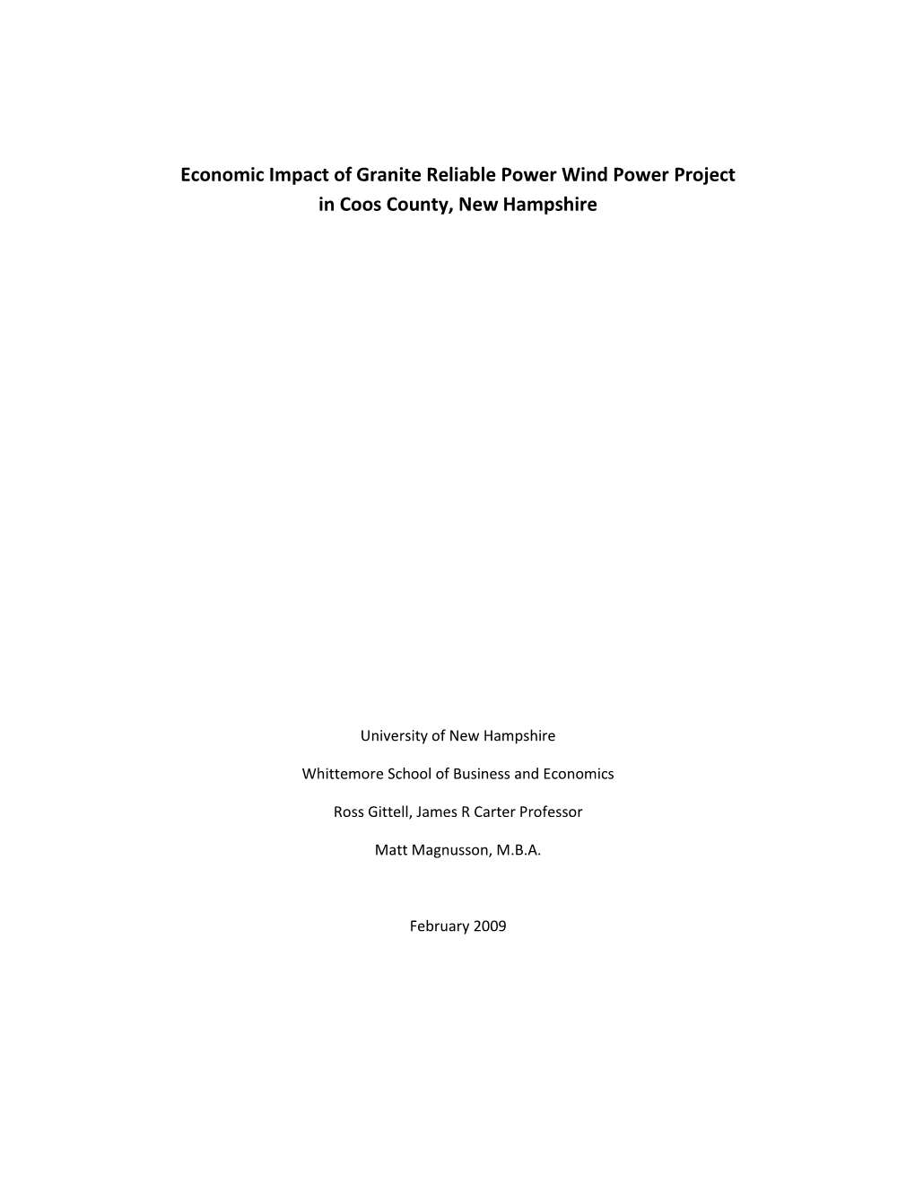 Economic Impact of Granite Reliable Power Wind Power Project in Coos County, New Hampshire