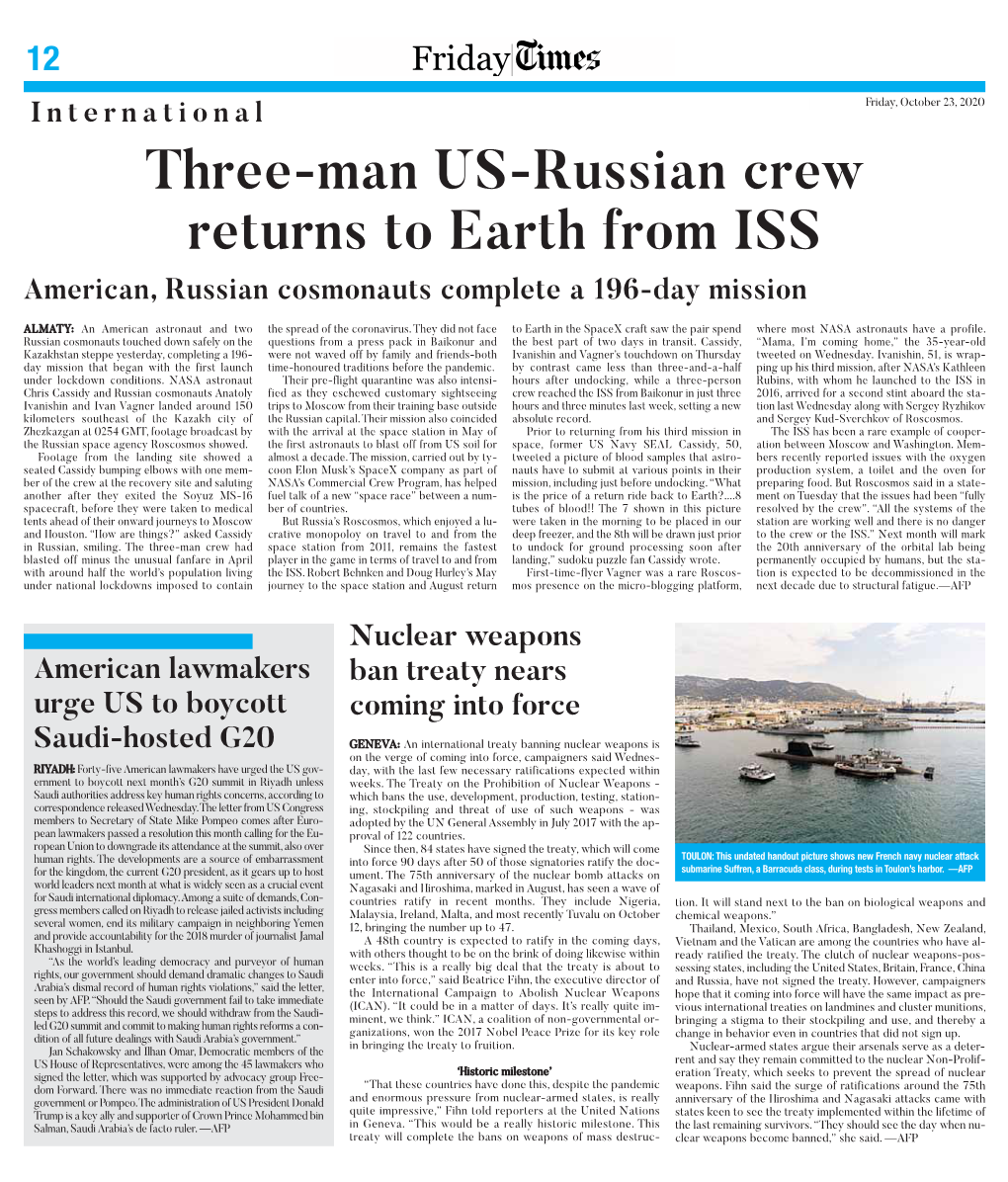 Three-Man US-Russian Crew Returns to Earth from ISS American, Russian Cosmonauts Complete a 196-Day Mission