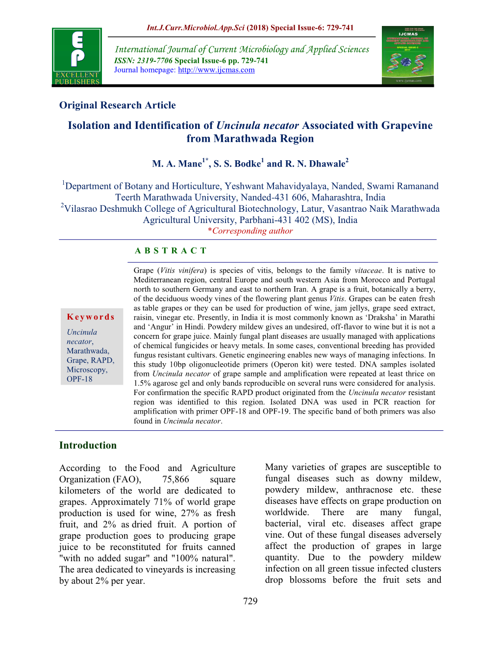 Isolation and Identification of Uncinula Necator Associated with Grapevine from Marathwada Region