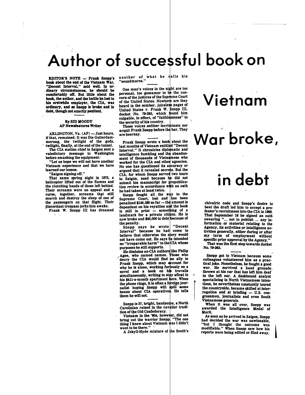 Author of Succe Sful Book on Vietnam War Broke, in Debt