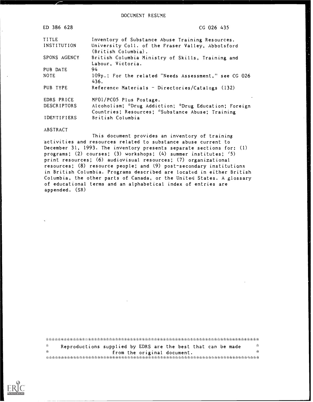 DOCUMENT RESUME ED 386 628 CG 026 435 TITLE Inventory Of