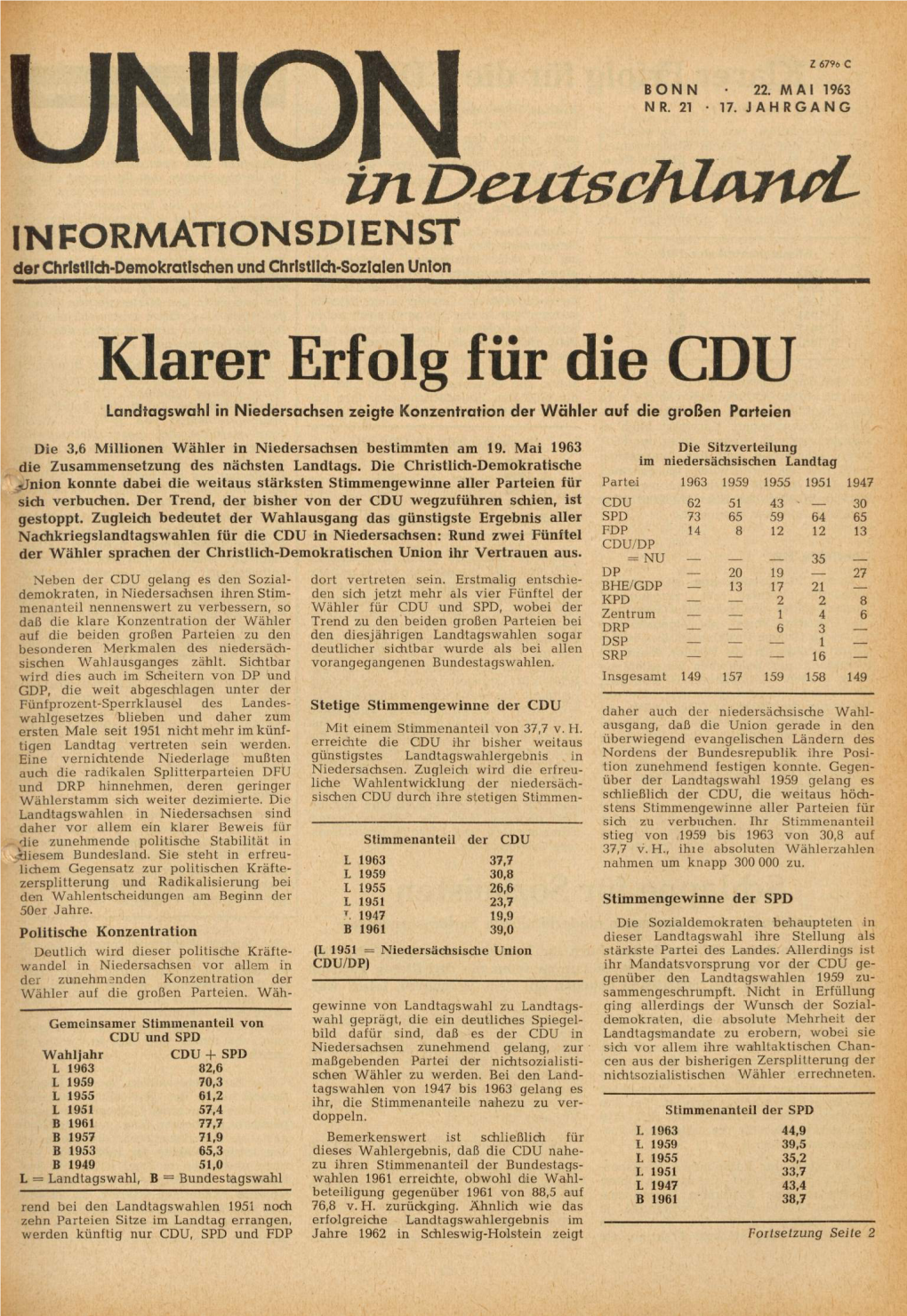 UID Jg. 17 1963 Nr. 21, Union in Deutschland