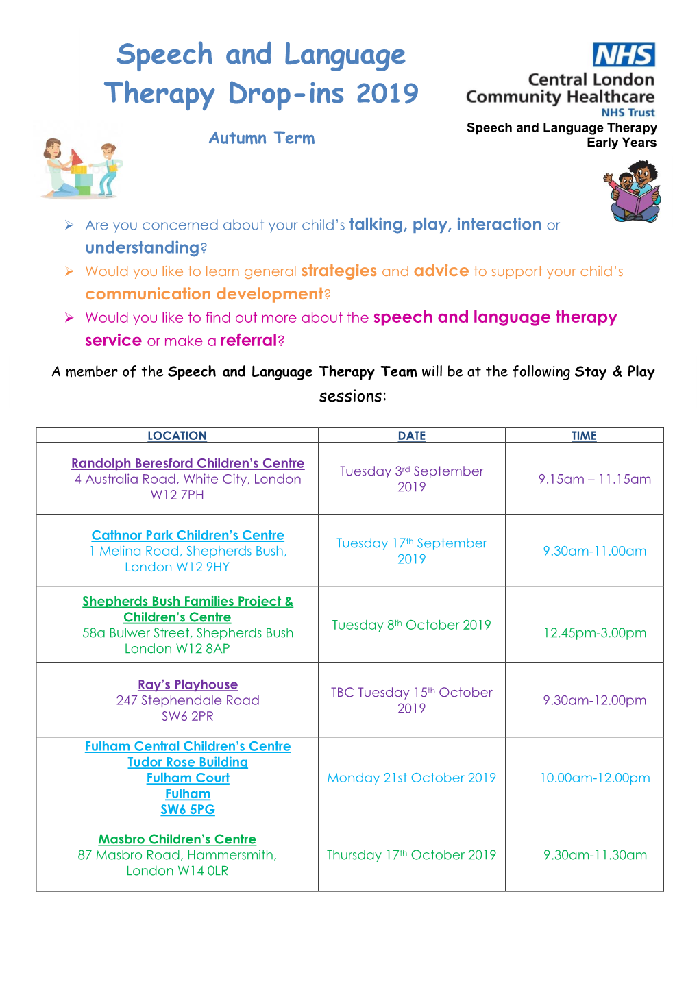 Speech and Language Therapy Drop-Ins 2019