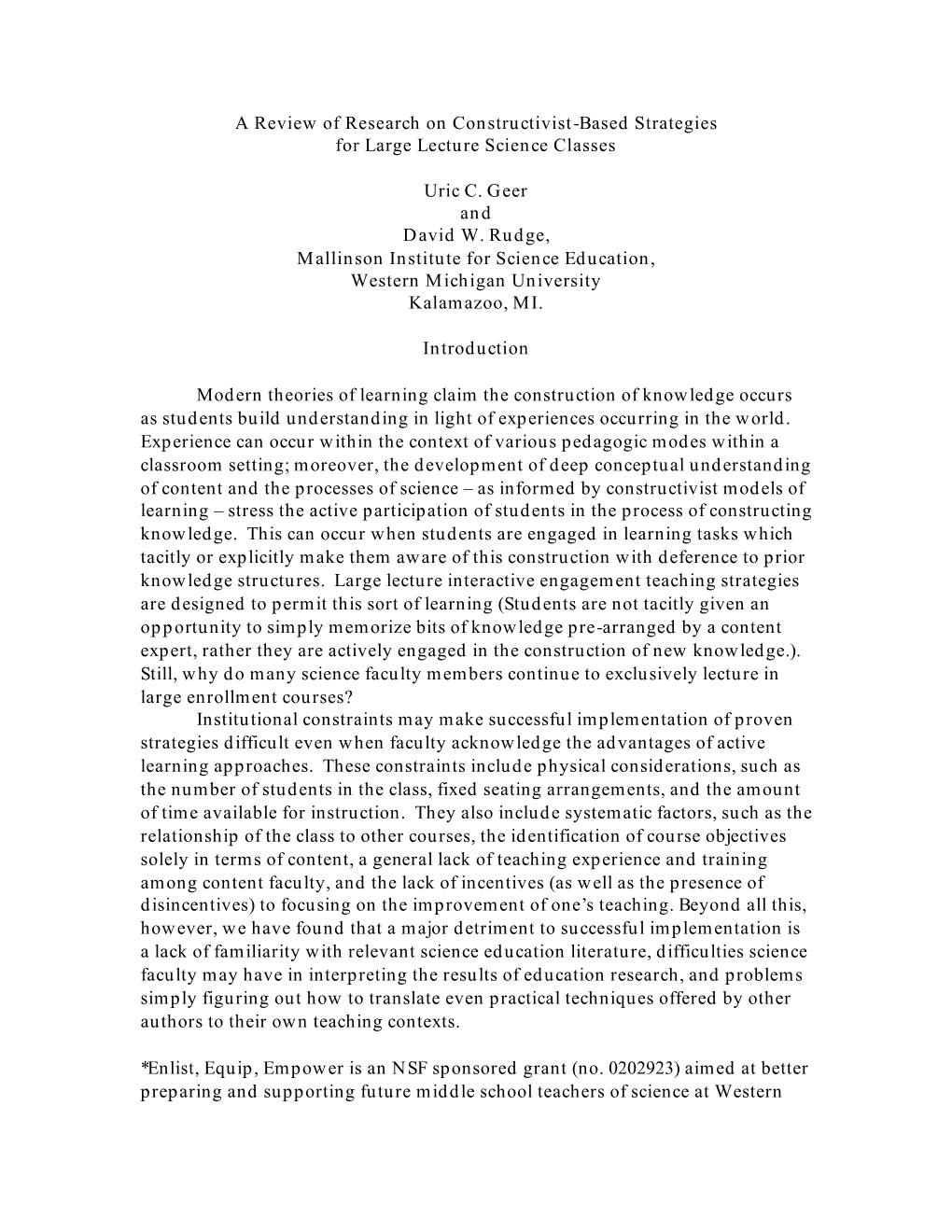 A Review of Research on Constructivist-Based Strategies for Large Lecture Science Classes