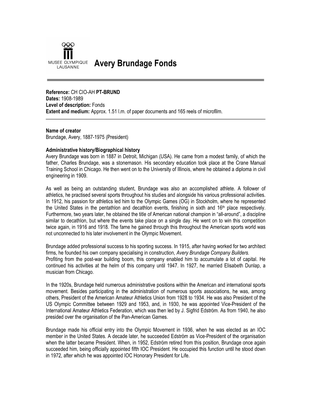 Fiche Du Fonds Avery Brundage