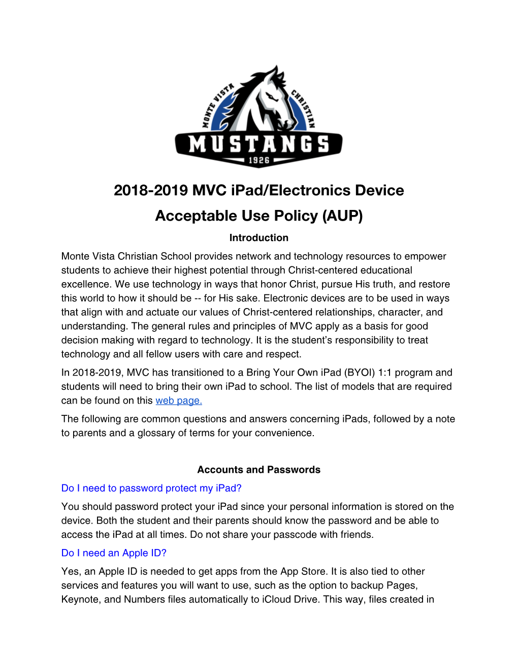 2018-2019 MVC Ipad/Electronics Device Acceptable Use Policy (AUP)
