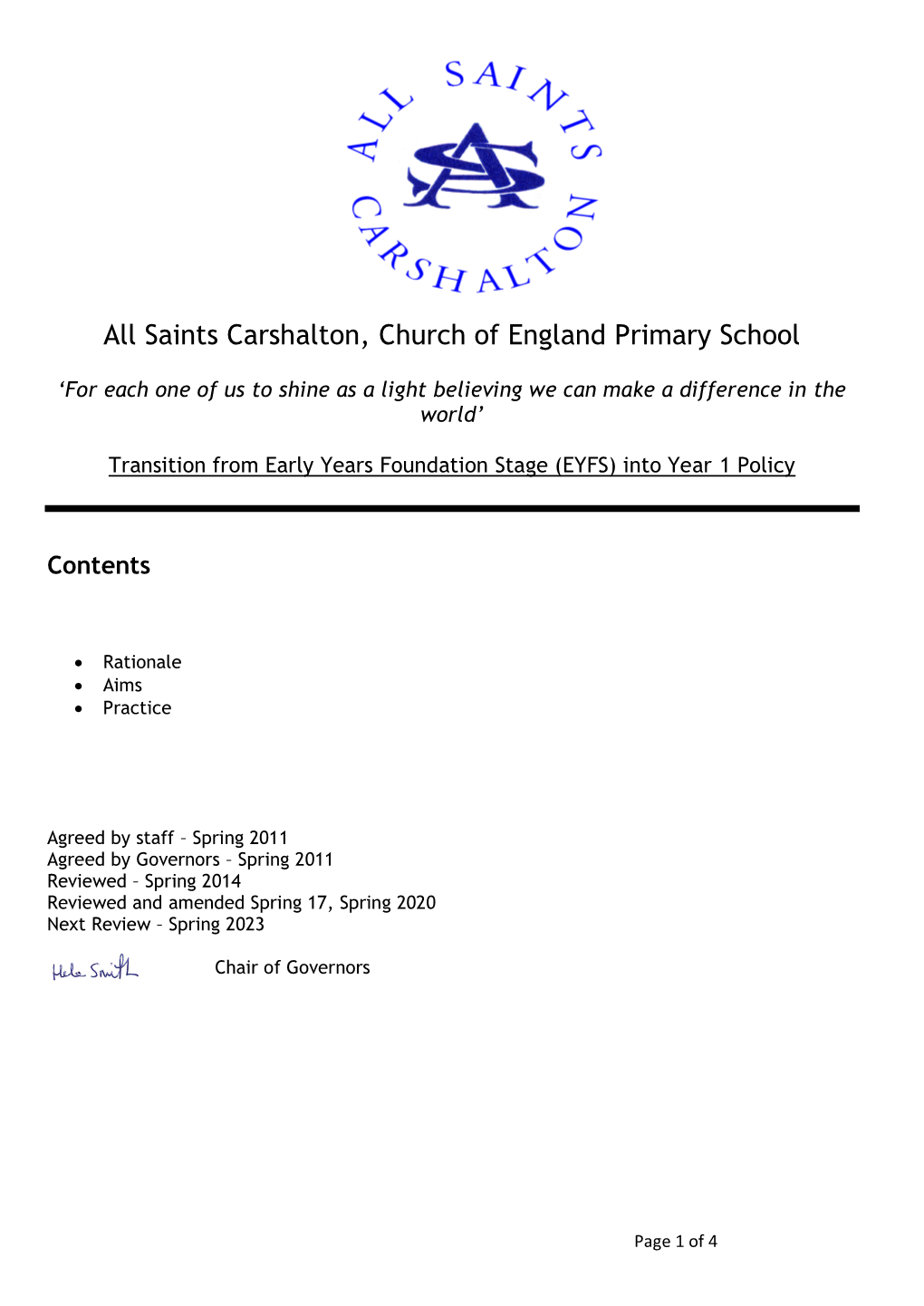 Reception to Year One Transition (Continuity of Learning) Policy