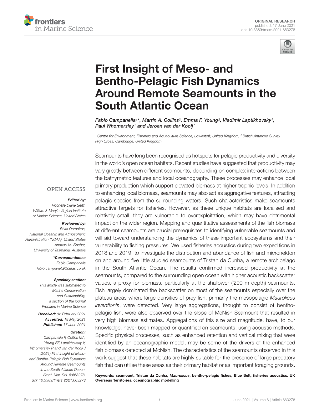 And Bentho-Pelagic Fish Dynamics Around Remote Seamounts in the South Atlantic Ocean