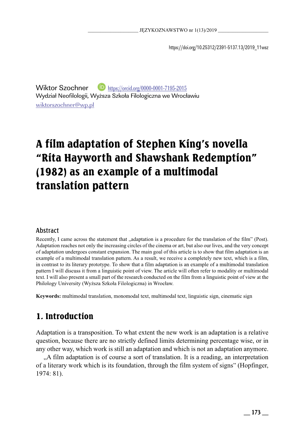 Rita Hayworth and Shawshank Redemption” (1982) As an Example of a Multimodal Translation Pattern